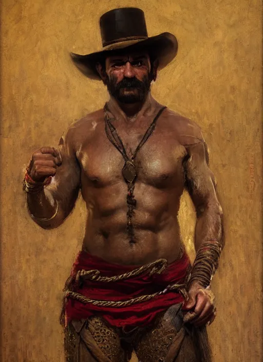Image similar to Old west circus wrestler (rdr2). Iranian orientalist portrait by john william waterhouse and Edwin Longsden Long and Theodore Ralli and Nasreddine Dinet, oil on canvas. Cinematic, hyper realism, realistic proportions, dramatic lighting, high detail 4k