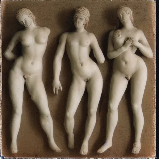 Prompt: Polaroid fragmented greek sculpture of three idealized female in different directions