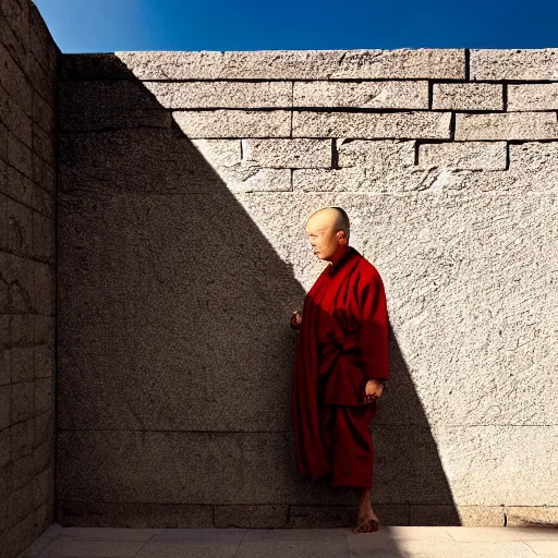 Prompt: It was said that Master Batuo, the founder of Shaolin Monastery, had meditated in front of a wall for ten years until his shadow was carved into the stone. If so, Luo Ji could have inscribed his own shadow into this wall five times. strong imagery,highly detailed,photorealistic 8k,cinematic lighting,HD,high detail,atmospheric,trending on artstaion