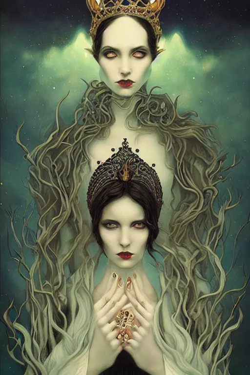 Image similar to jeweled Crown, other worldly, cruel and dark, art nouveau, by Anato Finnstark, Tom Bagshaw, Brom