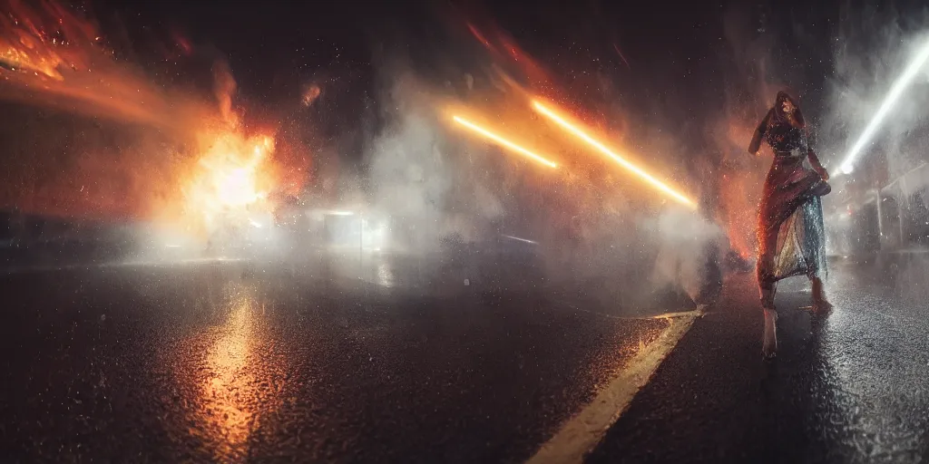 Prompt: slow motion with trail effect of futuristic break dancer wearing floating long dress and emitting fire, long exposure shot , at night in the middle of a rainy street, paddle of water, steam, fog, water splashes, rim lights, glossy reflections, water droplets on lens, octane render, dark and dramatic, explosion in the background, detailed and soft, fisheye