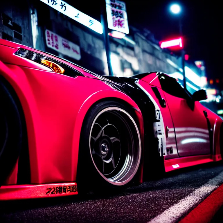 Image similar to close-up-photo Nissan Z32 turbo illegal roadside night meet, work-wheels, Shibuya Shibuya, cinematic colors, photorealistic, highly detailed, night photography