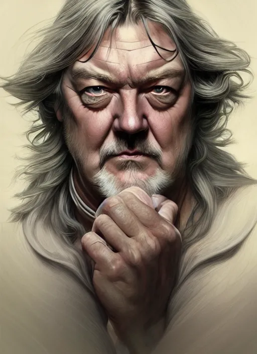 Image similar to portrait of james may, d & d, muscular, long grey hair, fantasy, intricate, elegant, highly detailed, digital painting, artstation, concept art, smooth, sharp focus, illustration, art by artgerm and greg rutkowski and alphonse mucha