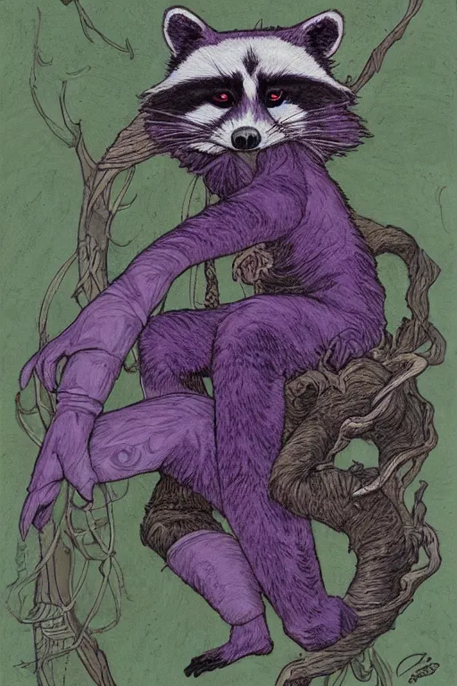 Image similar to purple stelar raccoon in the style of Rebecca Guay, high resolution 4k