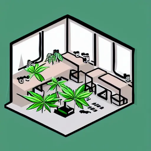 Prompt: hand - drawn minimalistic interior design of cannabis pot plant cafe, isometric, fun cute art