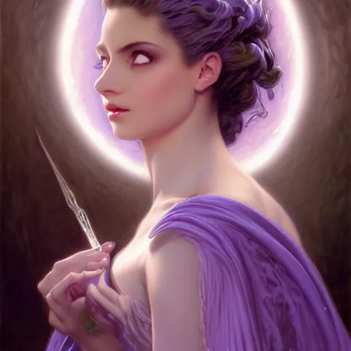 Prompt: beautiful female wizard with lavender skin casting swirling magic spell, nge, dark fantasy, three quarter profile face closeup, intricate, highly detailed, digital painting, volumetric light, artstation, concept art, smooth, sharp focus, illustration, art by gil elvgren and greg rutkowski and luis royo, and alphonse mucha, 8 k