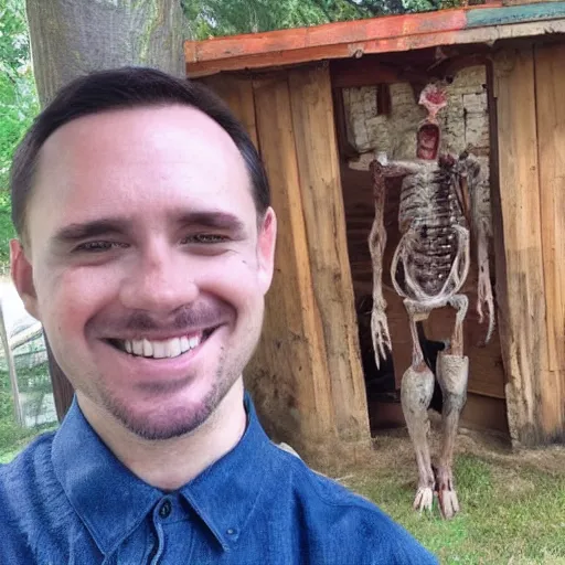 Image similar to a selfie of a guy smiling while standing next to a horrifying thing