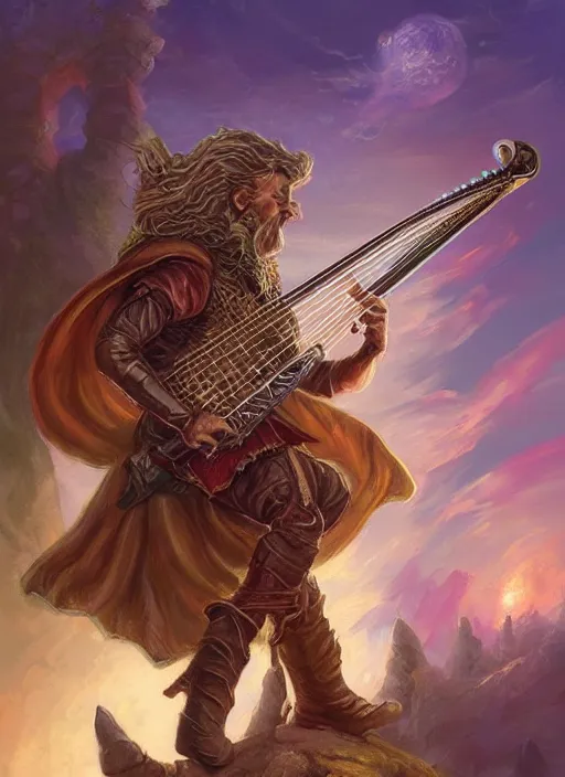 Prompt: bard playing instrument, ultra detailed fantasy, dndbeyond, bright, colourful, realistic, dnd character portrait, full body, pathfinder, pinterest, art by ralph horsley, dnd, rpg, lotr game design fanart by concept art, behance hd, artstation, deviantart, hdr render in unreal engine 5