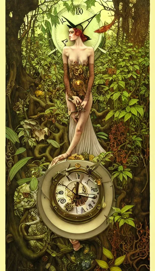 Image similar to M. C. Escher time machine, lush forest painted by tom bagshaw, mobius, mucha M. C. Escher, gold paint, ink, gnarly details