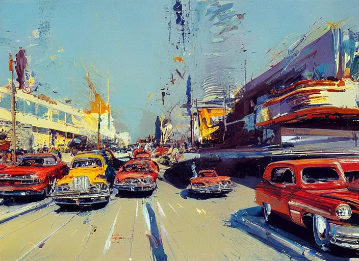 Image similar to 5 hotrods driving down a street , vintage, highly detailed, loose brush strokes, by John Berkey