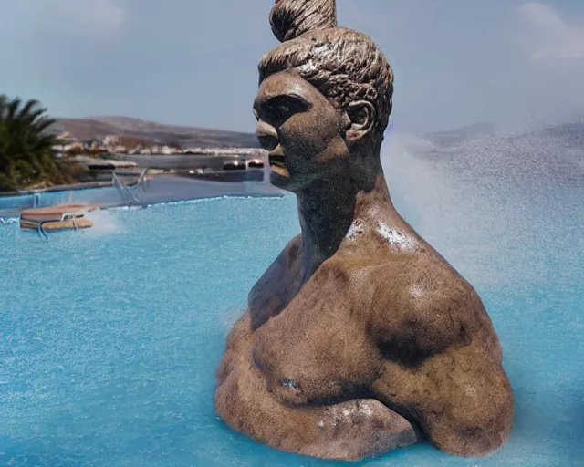 Image similar to a giant abstract sculpture of a legendary greek warrior god on the water, in the style of robert gober, award winning, cinematic, hyper - realistic, very detailed, realistic water splashes, ray tracing, 8 k resolution, long - shot, sharp focus, low angle, 8 5 mm photograph, wide lens