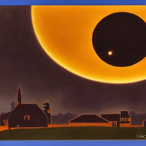 Image similar to dark solar eclipse, above a village, highly detailed, studio 4 k quality, by louise dahl - wolfe