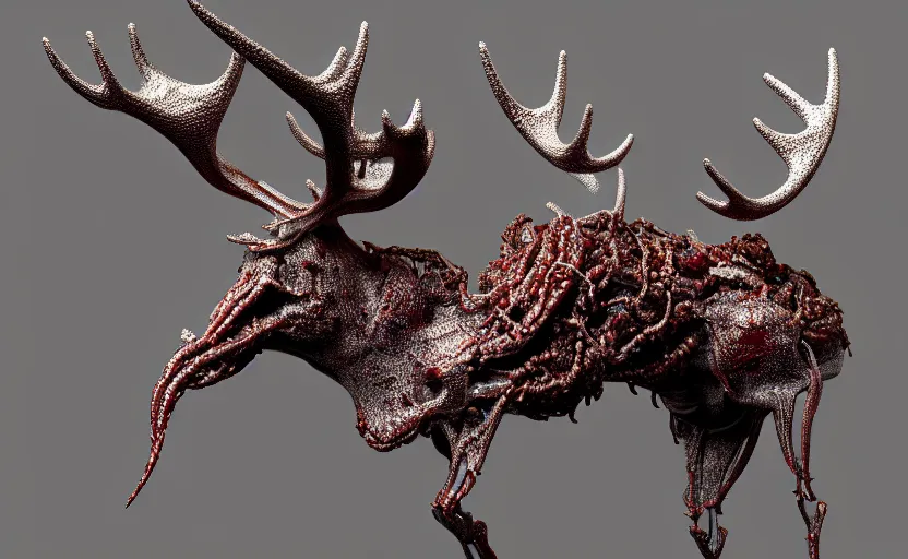 Image similar to stylized shiny polished silver statue full body bizarre extra limbs cosmic horror quadruped animal moose deer skull four legs made of marble of slug worm creature tendrils perfect symmetrical body perfect symmetrical face hyper realistic hyper detailed by johannen voss by michelangelo octane render blender 8 k displayed in pure white studio room anatomical deep red arteries veins flesh animatronic