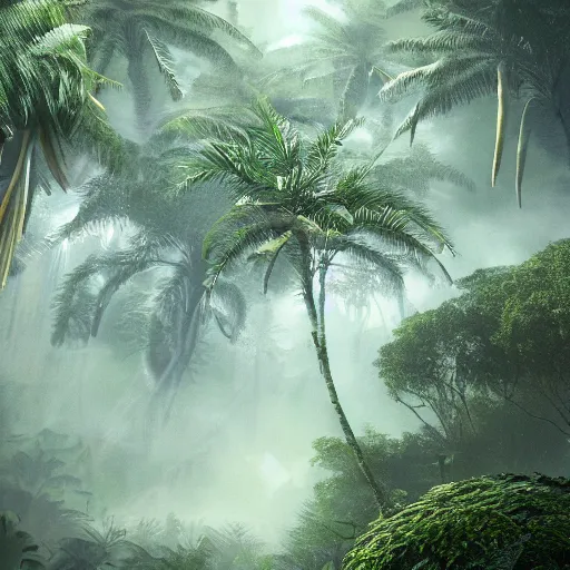 Prompt: A realistic detailed photo of a hurricane, futuristic jungle, alien plants, grey sky, hidden animals, some fallen trees, foggy landscape, light particles, detailed light, realistic shaders, trending on artisation, detailed textures, detailed, realistic