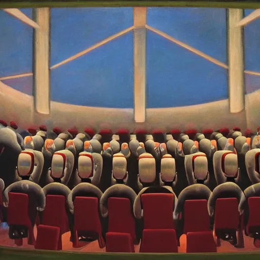 Image similar to robotic choir in an amphitheater, pj crook, grant wood, edward hopper, syd mead, chiaroscuro, oil on canvas