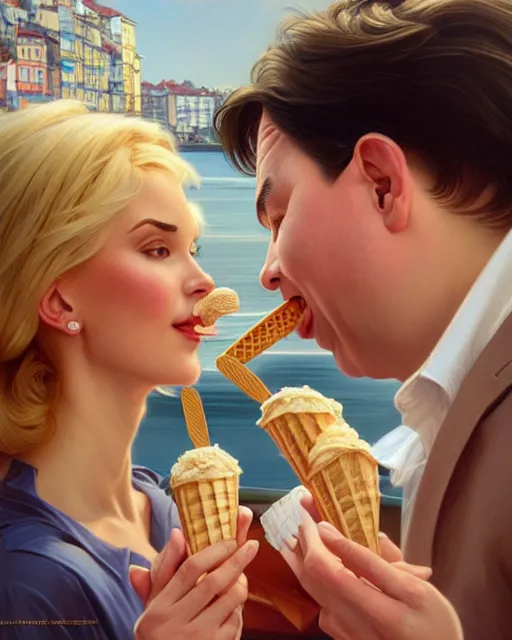 Image similar to Portrait of a blonde lady and Michael mcintyre eating ice creams in Porto,real life skin, intricate, elegant, highly detailed, artstation, concept art, smooth, sharp focus, art by artgerm and greg rutkowski and alphonse mucha