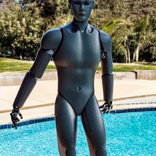 Image similar to a realistic detailed photo of a guy who is an attractive humanoid who is half robot and half humanoid, who is a male android, wrestler bryce meredith, shiny skin, posing like a statue, blank stare, by the pool, on display, showing off his muscles, humanoid robot, frozen ice statue
