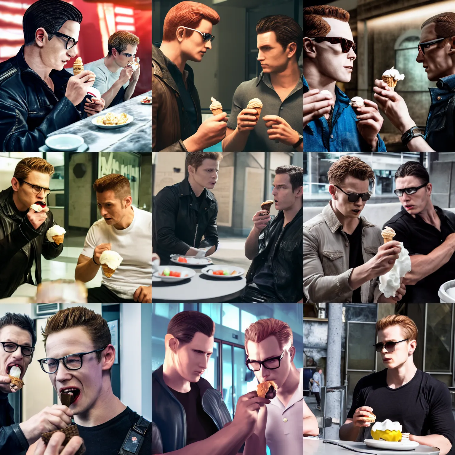 Prompt: albert wesker from resident evil eating ice cream with alex mercer from prototype, 4 k photography