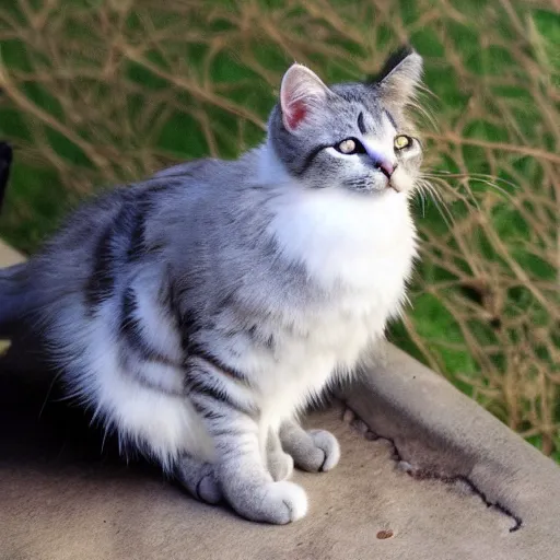 Image similar to cat bird hybrid, cute, fluffy, cat bird is white with black tabby stripes and blue eyes, cat bird has very strong legs, realistic, 4 k