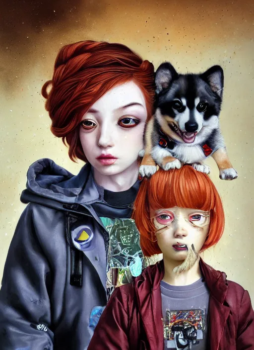 Prompt: beautiful portrait painting of a cute Ginger lofi cyberpunk princess and her corgi assassin king, by Afarin Sajedi, Alessandro Barbucci, Alex Gross, Shin Jeongho, Shohei Otomo. trending on Artstation, 8k, masterpiece, face enhance, graffiti paint, fine detail, full of color, intricate detail, golden ratio illustration