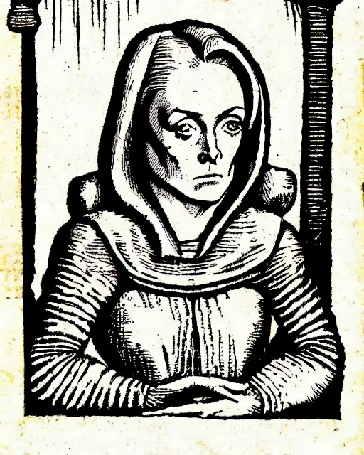 Image similar to woodcut illustration of dana scully from the nuremberg chronicle, 1 4 9 3, sharp scan, restored