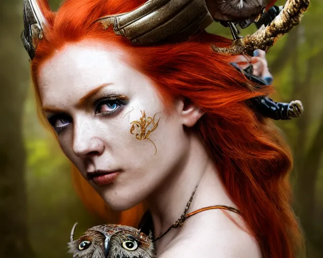 Image similar to 5 5 mm portrait photo of an armored gorgeous anesthetic redhead woman warrior with a face tattoo and horns growing from her head, and owl sitting on her shoulder in a magical forest in the style of stefan kostic, art by luis royo. highly detailed 8 k. intricate. lifelike. soft light. nikon d 8 5 0. cinematic post - processing