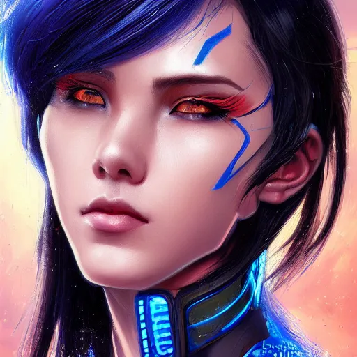 Prompt: closeup portrait of a young asian Cyberpunk woman with dark blue hair, fantasy, intricate, elegant, highly detailed, digital painting, artstation, concept art, matte, sharp focus, illustration, hearthstone, art by Artgerm and Gred Rutkowski and Alphonse Mucha