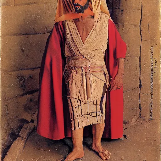 Image similar to Middle-eastern skinned man with ancient Canaanite clothing by Normal Rockwell