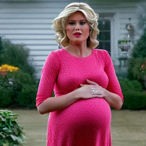 Image similar to Pregnant Donald Trump in a dress, Hallmark movie, movie still, chick flick