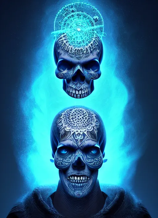 Image similar to 3 d shaman with tattoos profile portrait, sigma 5 0 0 mm f / 5. beautiful intricate highly detailed skull. bioluminescent, plasma, frost, water, wind, creature, gradient background, thunderstorm! artwork by tooth wu and wlop and beeple and greg rutkowski, 8 k trending on artstation,