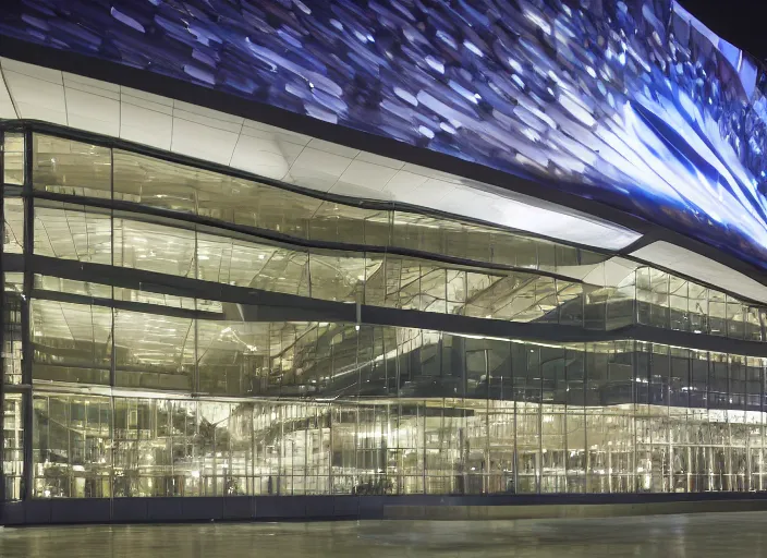 Prompt: mercedes exhibition center exterior at night with rain with large screens designed by antoni gaudi, and concept art