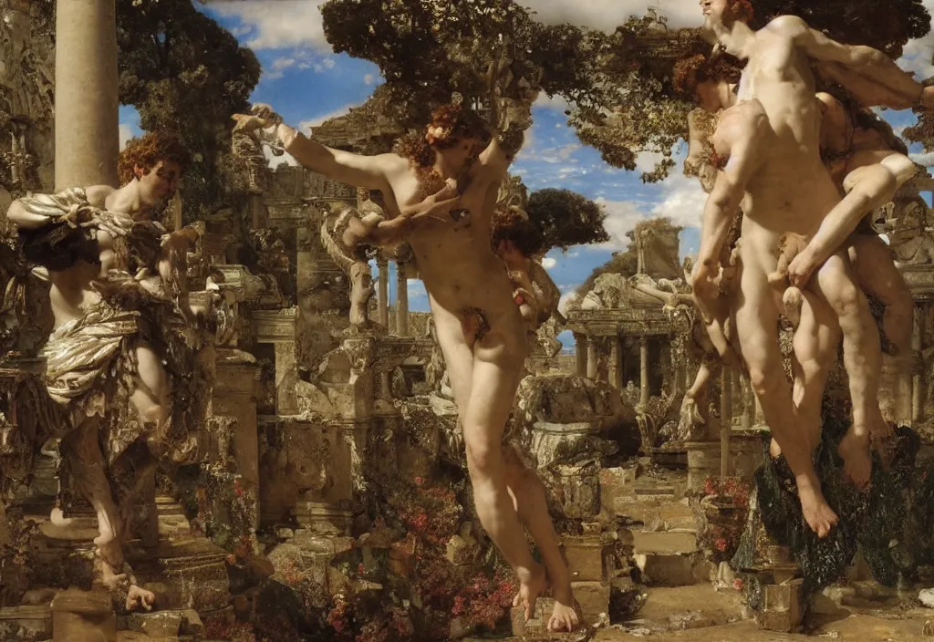 Image similar to the god of love eros soaring in the skies with apollo, ancient ruins by lawrence alma - tadema style, very detailed, anatomically correct, path traced lighting, soft natural lighting