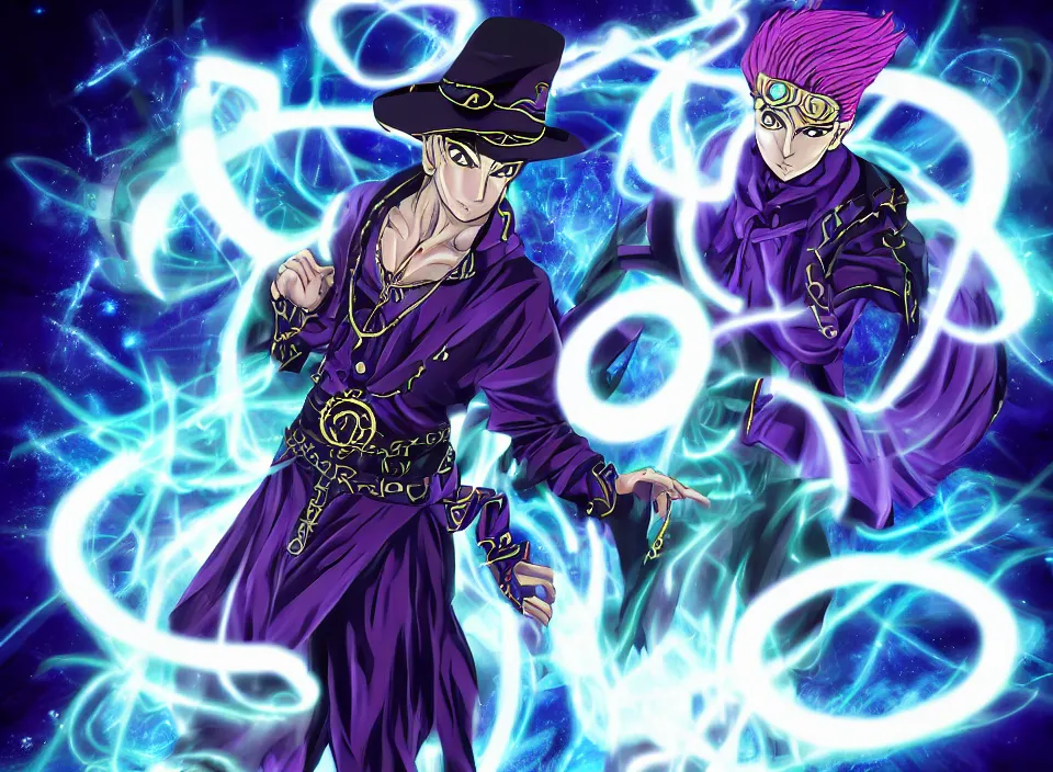 Prompt: The powerful rune magic wizard prepared his next attack with ominous aura, in the style of JoJos Bizarre Adventure, ultra high resolution, intricate details