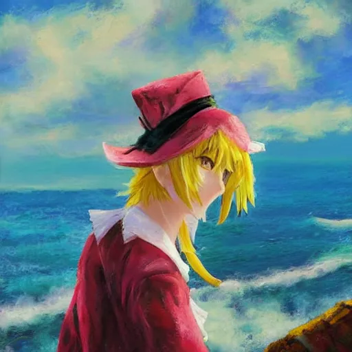 Prompt: Very abstract impressionist painting of Kirisame Marisa from the Touhou project on a cliff looking calmly at the sea, wide strokes, pastel colors, touhou project official artwork, danbooru, oil painting by Antoine Blanchard, wide strokes, pastel colors, soft lighting sold at an auction