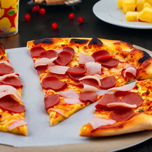 Image similar to pizza with ham pineapple and chesse profesional commercial photo shot 4 k