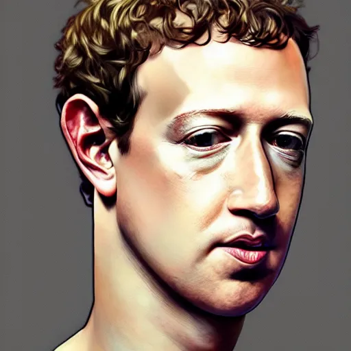 Image similar to portrait of mark zuckerberg, bezos, artgerm, very detailed, art contest winner on behance, trendy on deviant art, by artgem, greg rutkowski and laura sava and alphonse mucha