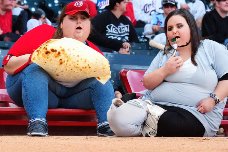 Image similar to obese woman eating a giant burrito sitting at a baseball game, photograph,