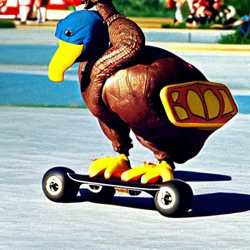 Image similar to a dodo wearing a ballcap and gold chain around its neck, on a hover board at a skate park at the beach, 1990s cartoon, teenage mutant ninja turtles