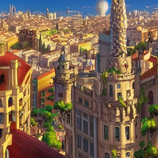 Image similar to a shot of a barcelona as a baroque city in howl's moving castle movie, movie shot, anime, hightly detailed, rescalated 4 k, detailed