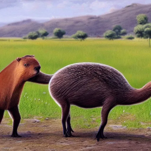 Prompt: capybaras vs emus, concept art, hyper realistic, beautiful, cinematography, 4k