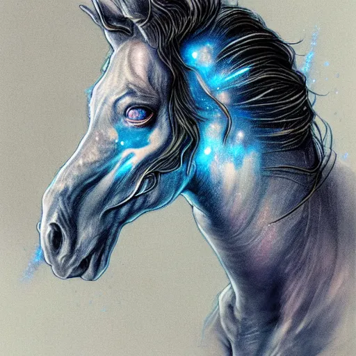 Image similar to a wlop 3 d render of very very very very highly detailed beautiful mystic portrait of a phantom undead horse with whirling galaxy around, tattoos by anton pieck, intricate, extremely detailed, digital painting, artstation, concept art, smooth, sharp focus, illustration, intimidating lighting, incredible art,