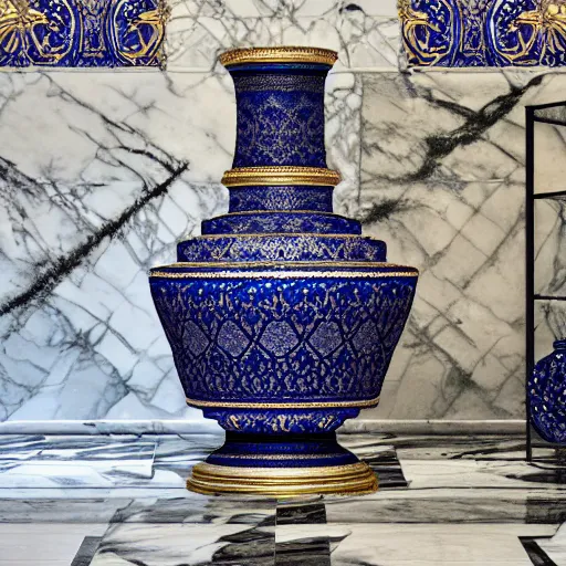 Prompt: An ornate baroque vase breaking on the marble tile floor, exploding into dust, dark-blue light-blue gold silver white black beige, volumetric dust rays, intricate detail, ultra realistic, cinematic lighting, moody, wet, shiny,