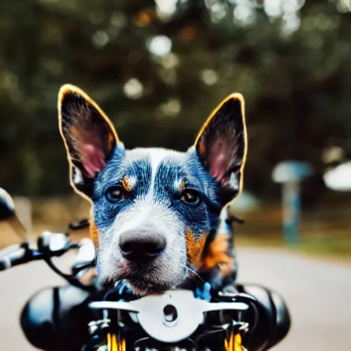 Image similar to blue heeler dog on a motorcycle, 8 k photography, blurred background of a wafflehouse