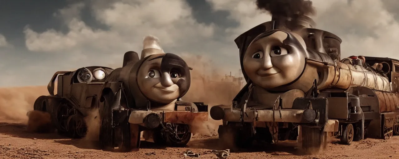 Image similar to Thomas the Tank Engine, the Batmobile and the Delorean in MAD MAX: FURY ROAD