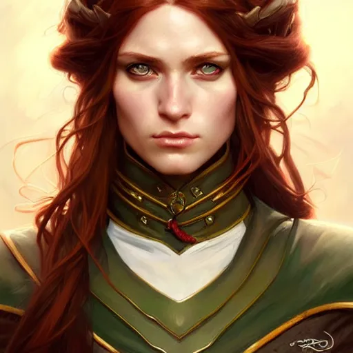 Image similar to Portrait of serious female ranger, D&D, green eyes, face, long red hair, fantasy, intricate, elegant, highly detailed, digital painting, artstation, concept art, smooth, sharp focus, illustration, art by artgerm and greg rutkowski and alphonse mucha