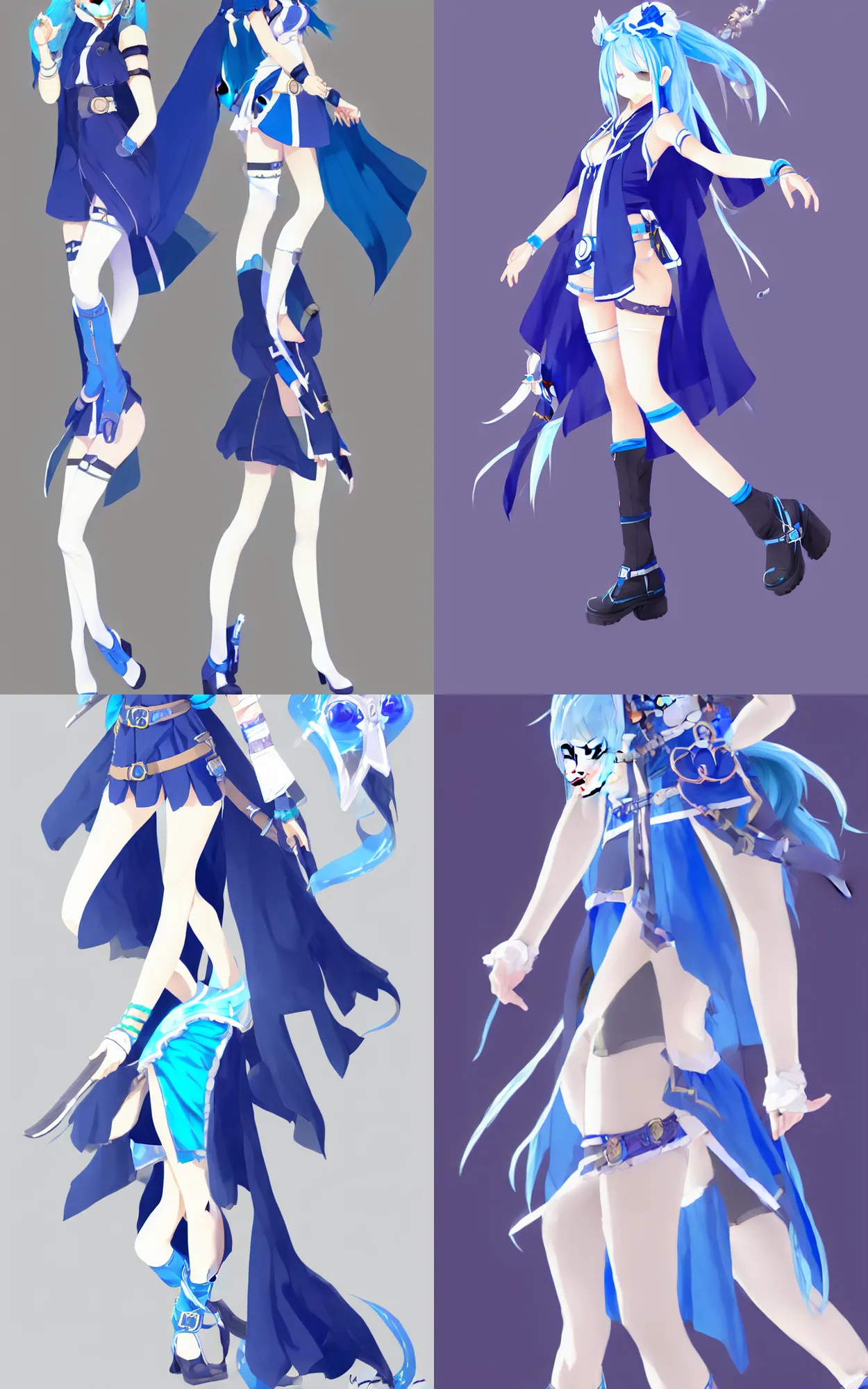 Prompt: a blue-haired alchemist girl, wearing a headband, short pale tunic and white stockings, high boots, azure cape, anime character; in the Japanese fantasy videogame; character concept art; trending on artstation, highly detailed, clean lineart