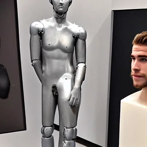 Image similar to “a realistic detailed photo of a guy who is an attractive humanoid who is half robot and half humanoid, who is a male android, actor Liam Hemsworth, shiny skin, posing like a statue, blank stare, at the museum, on display”