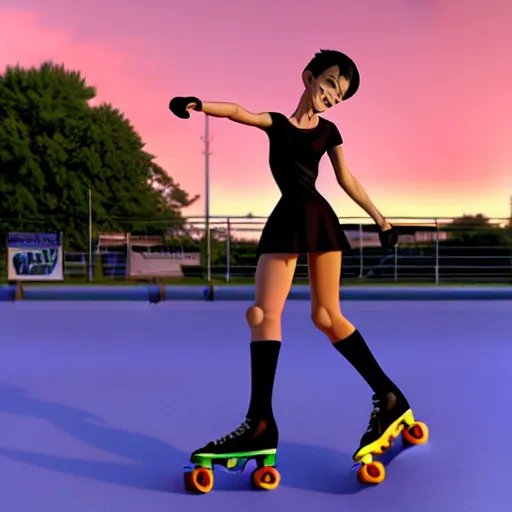 Prompt: cel shaded 3 d render of a skater woman on roller skates, at a skate park, unreal engine, octane render, thick and bold black outlines, gorgeous, advanced lighting technology, stylized and expressive, perfect anatomy, by thomas kinkade and greg rutkowski and hayao miyazaki and akira toriyama and ilya kuvshinov