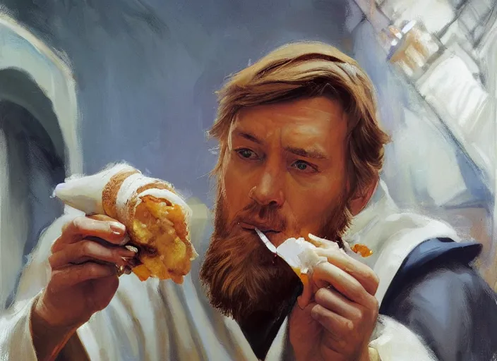 Image similar to a highly detailed beautiful portrait of obi - wan kenobi eating only one cannoli, by gregory manchess, james gurney, james jean