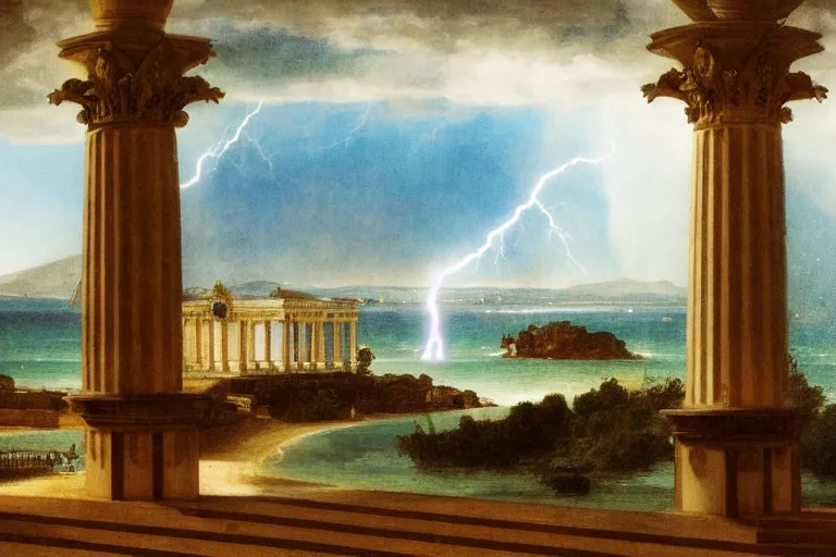 Image similar to mediterranean balustrade and columns, refracted lightnings on the ocean, thunderstorm, fountain, greek pool, beach and Tropical vegetation on the background major arcana sky and occult symbols, by paul delaroche, hyperrealistic 4k uhd, award-winning, very detailed paradise